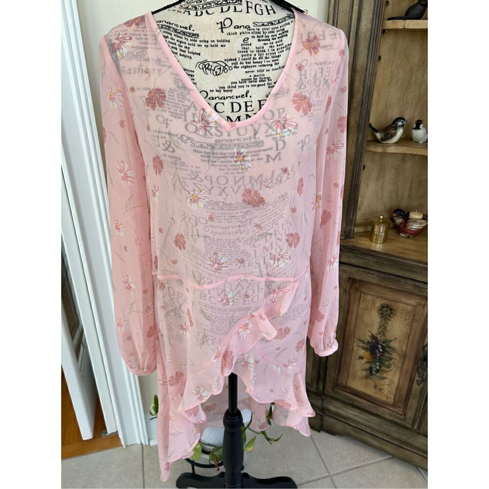 Kaari Blue Sheer Pink Hi Low Blouse NWT